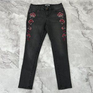 Falls Creek Women's Dark Gray Skinny Jeans With Floral Embroidery Size 6 Regular